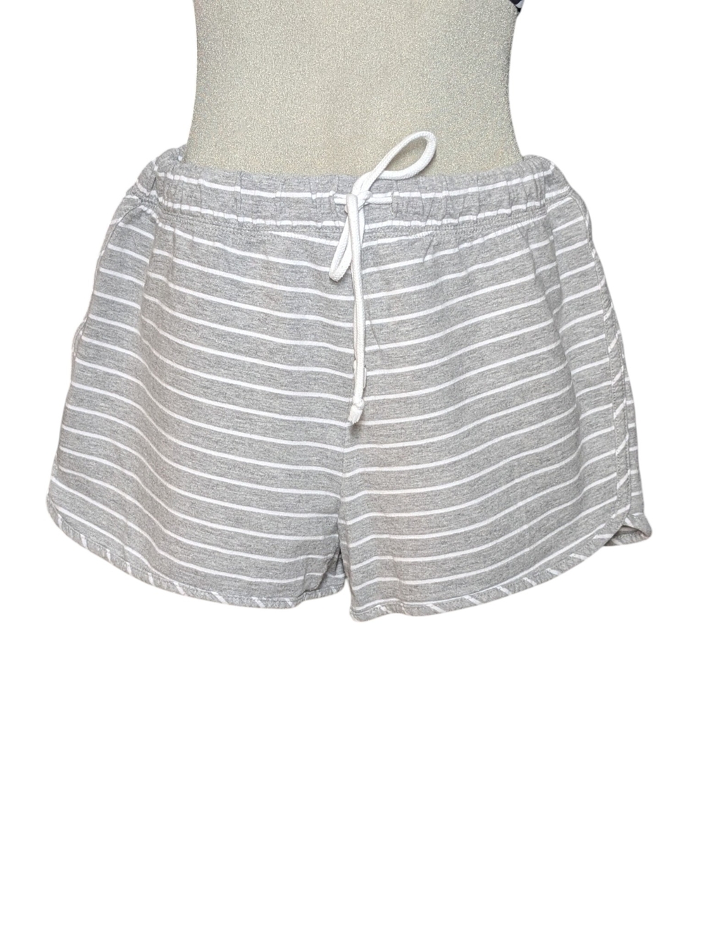 Gray & White Striped Knit Shorts with Drawstring